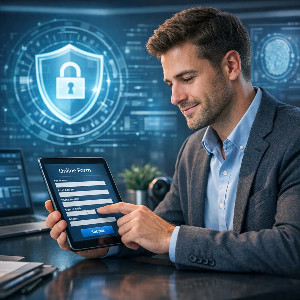 Young professional filling virtual form in tech-savvy environment, conveying trust and security.