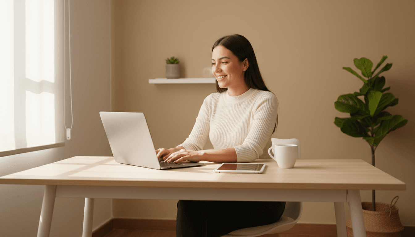 Woman approving loan on laptop, smiling with confidence