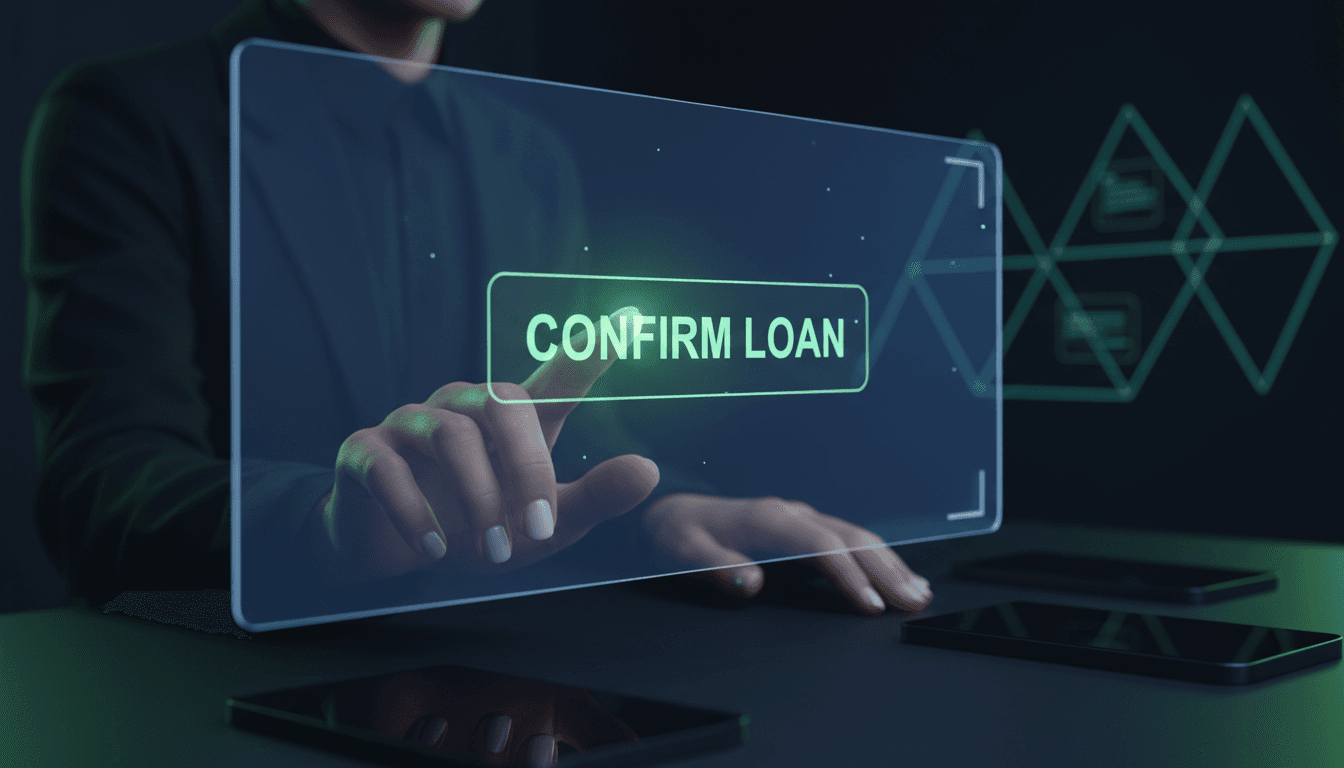 Manos interactuando con interfaz digital futurista de préstamos en pantalla holográfica