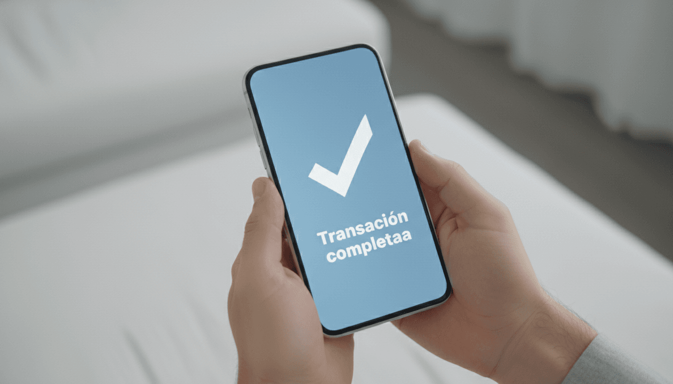 Manos sosteniendo smartphone con transacción financiera completa