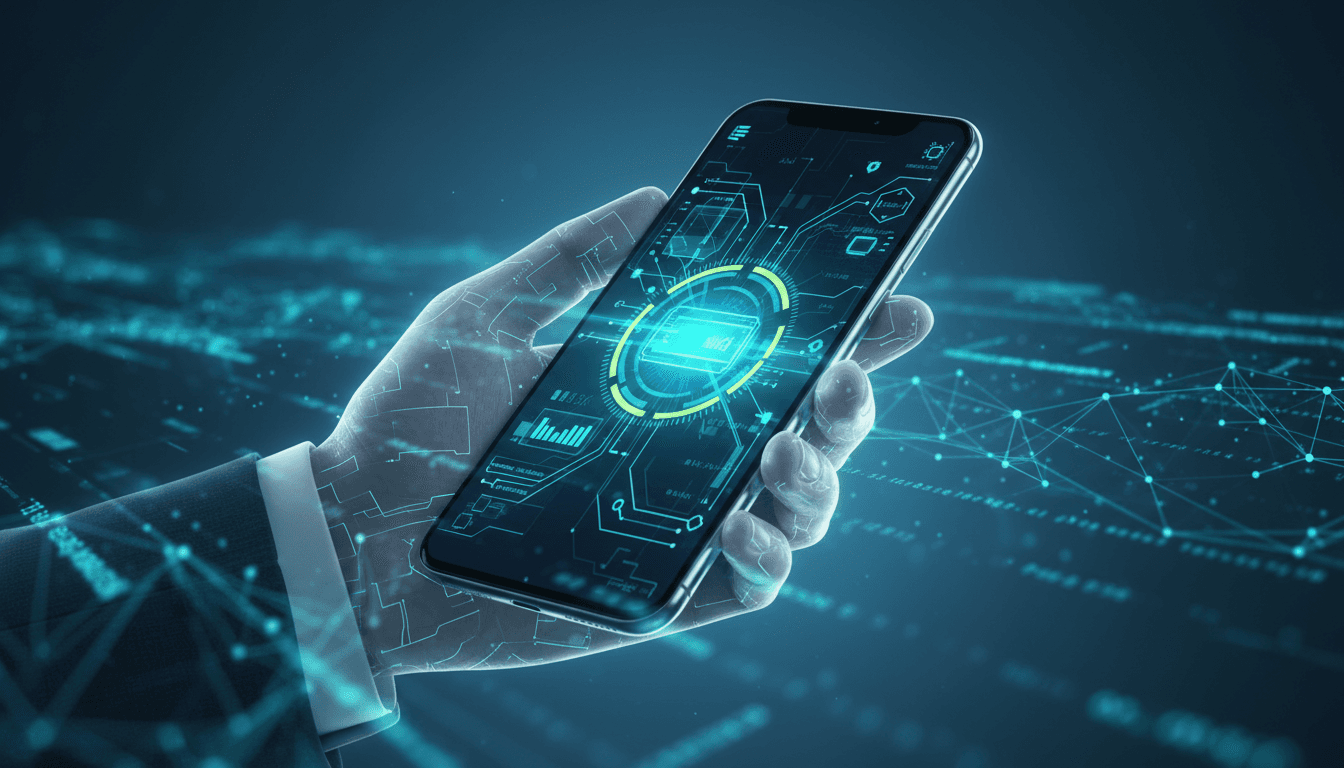 Mano sosteniendo smartphone con interfaz de billetera digital futurista