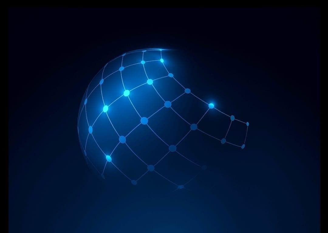Luminous blue digital globe with glowing nodes and grid lines on a dark background.